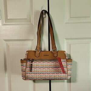 Rosetti Carousel Straw Style Tan and Multicolor Chevron Shoulder Bag Boho NWT